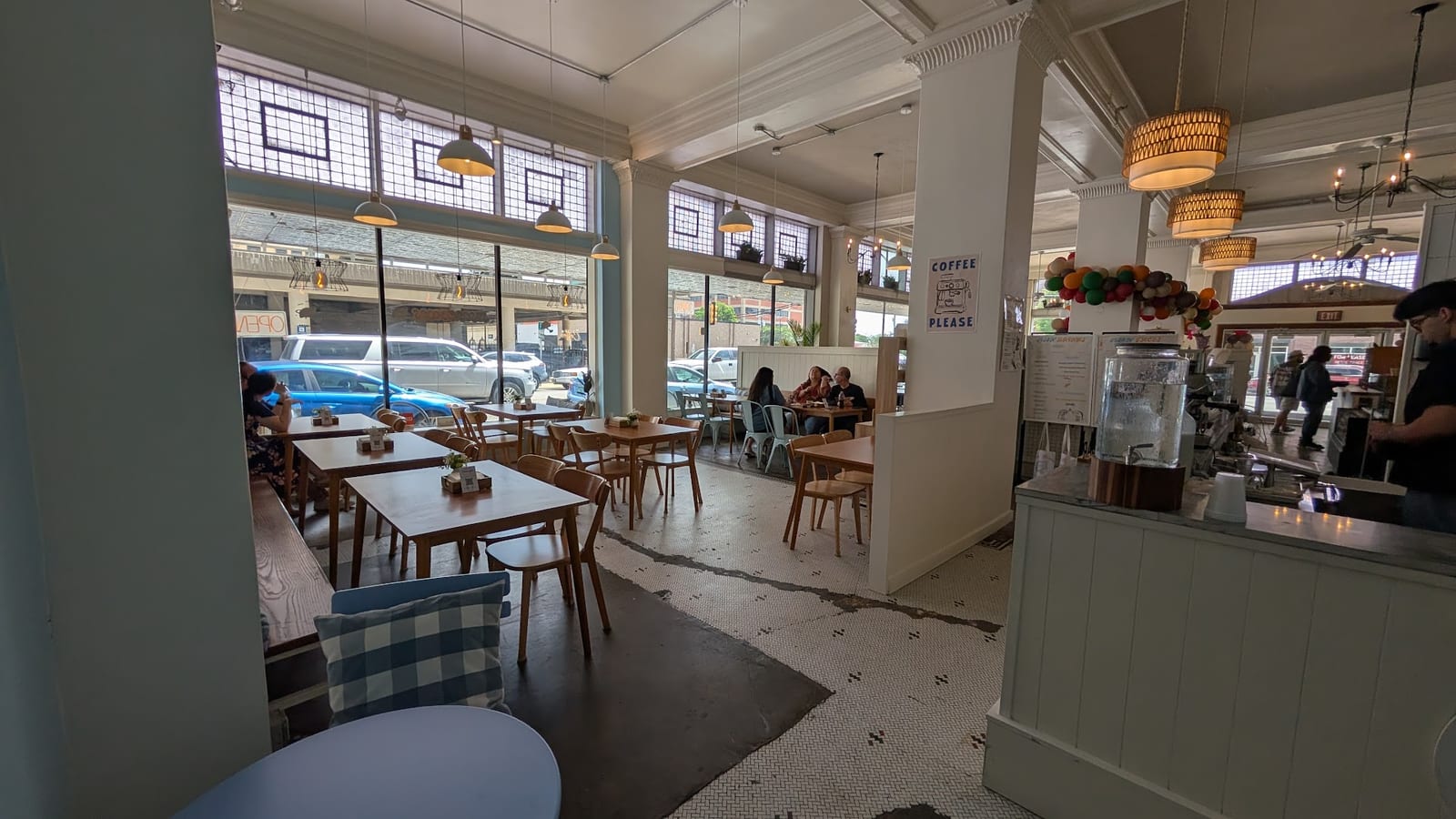Bright dining room at Sison Tacos with coffee service downtown
